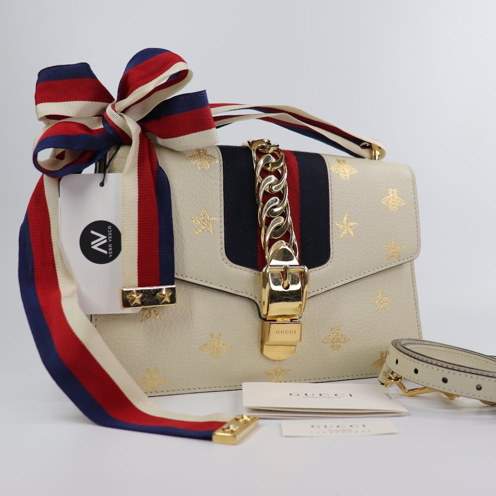 Gucci Textured Calfskin Bee Star Print Small Sylvie Shoulder Bag Mystic White